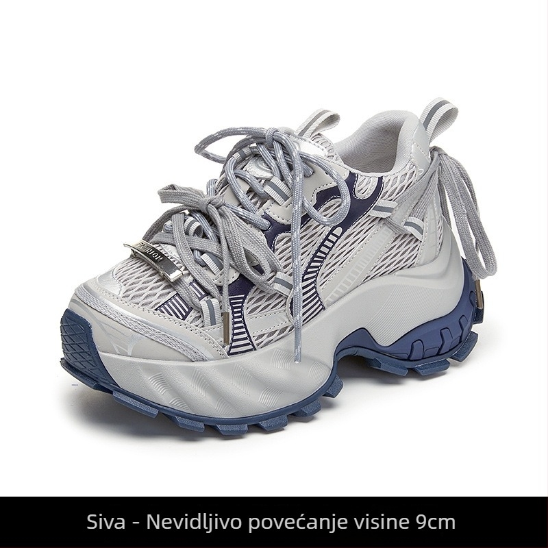Ženske cipele tip dad shoes s debelom potplata, povećanje visine, prednje vezanje, mrežasti gornji dio, okrugli vrh