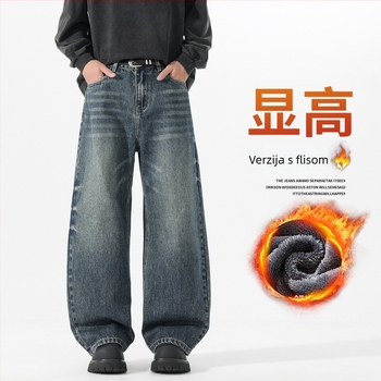 Muške traperice s fleece podstavom, denim, srednji pojas, zatvarač, opušten ravni kroj, pamuk denim
