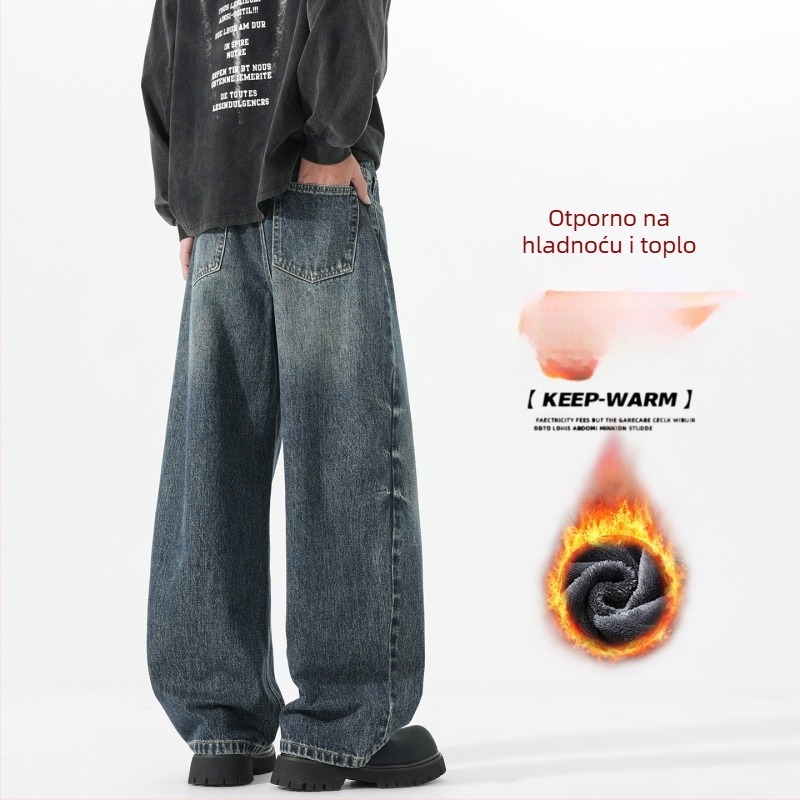 Muške traperice s fleece podstavom, denim, srednji pojas, zatvarač, opušten ravni kroj, pamuk denim