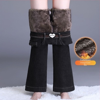 Ženske traperice s flis podlogom, visokim strukom, širokim krojem, denim pamuk, mikroelastične