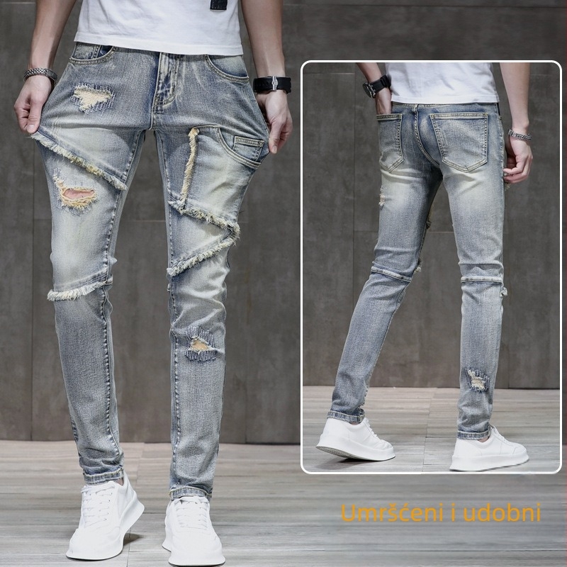 Muške slim-fit traperice od denima s distressed efektom i raw rubom, 90% pamuk, elastičan materijal, srednji pojas, zatvarač, višestruke džepove