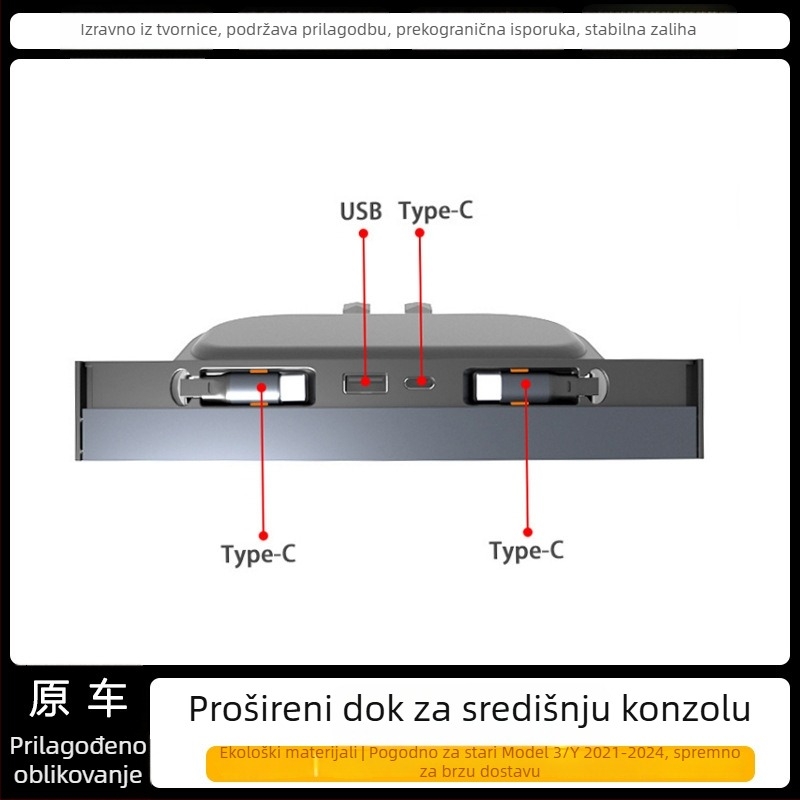 Tesla Model Y središnja konzola USB 3.0 punjački adapter kabel, ABS, model Tz00102, Snap-on ugradnja