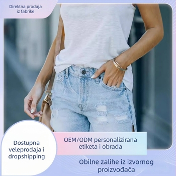 Ženske traper šortse - visoki pojas, duljina do tri četvrtine, poderani detalji, pamuk 70–80%, mikroelastični