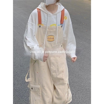 Ženske traper hlače s naramenicama, ravni kroj, poliester + pamuk, ljeto 2024