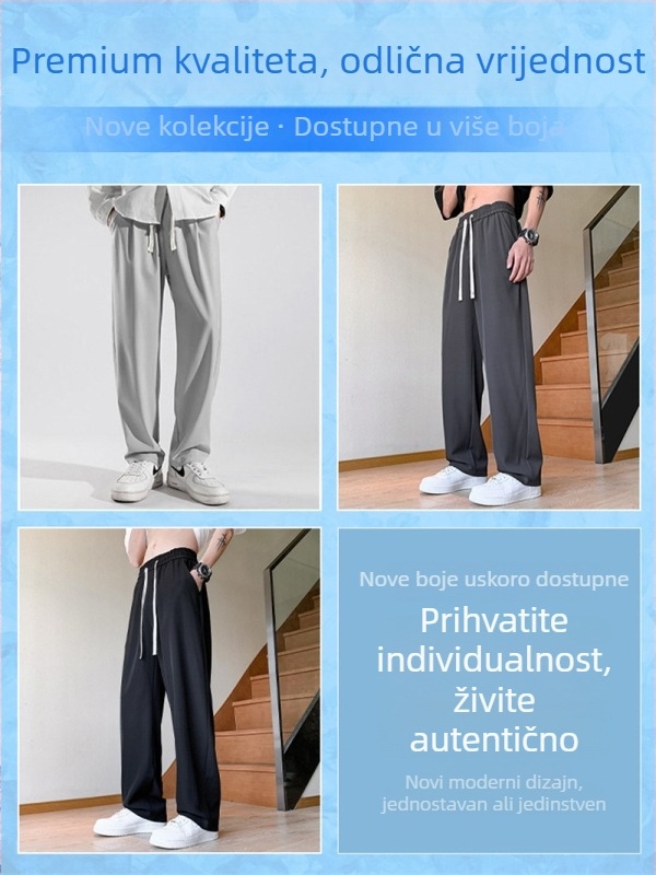 Muške streetwear hlače, labavog kroja, ravne, srednji pojas, remen i kopča za vezivanje