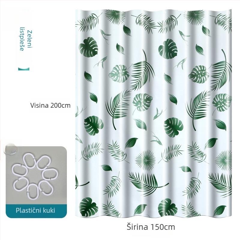 Mai Li PEVA zavjesa za tuširanje u kupaonici, PEVA materijal, uzorak zelenih listova, pastoralni stil, prilagodljiva obrada