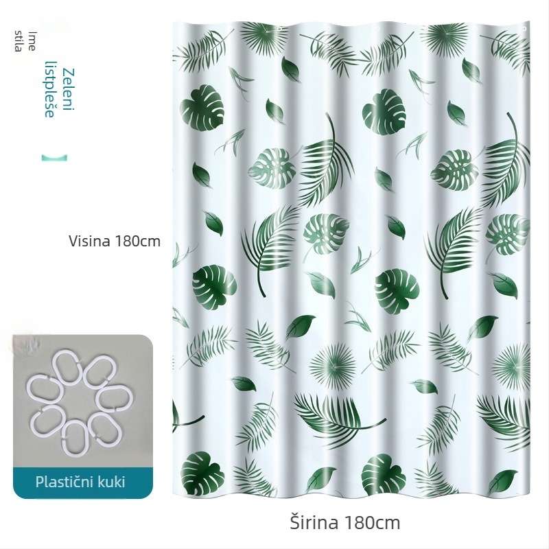Mai Li PEVA zavjesa za tuširanje u kupaonici, PEVA materijal, uzorak zelenih listova, pastoralni stil, prilagodljiva obrada