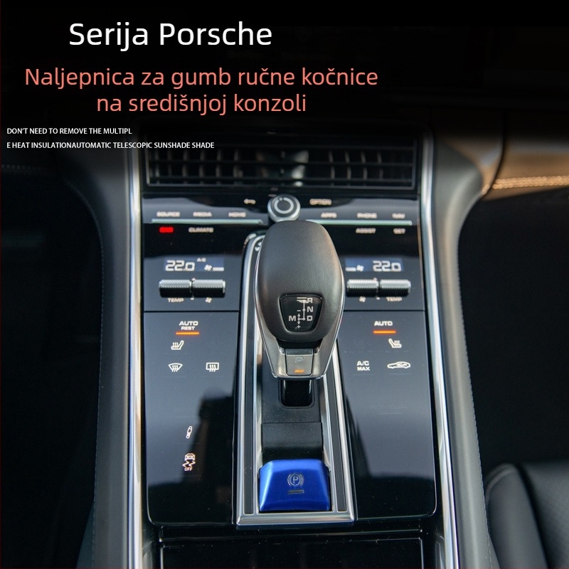 Dekorativna naljepnica za gumb elektroničke ručne kočnice za Porsche Cayenne i Panamera — prozirne naljepnice za tipke od aluminijske legure, ispisano logo, mogućnost prilagodbe
