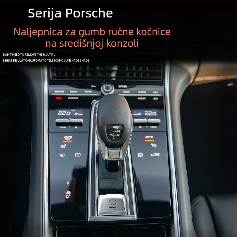 Dekorativna naljepnica za gumb elektroničke ručne kočnice za Porsche Cayenne i Panamera — prozirne naljepnice za tipke od aluminijske legure, ispisano logo, mogućnost prilagodbe