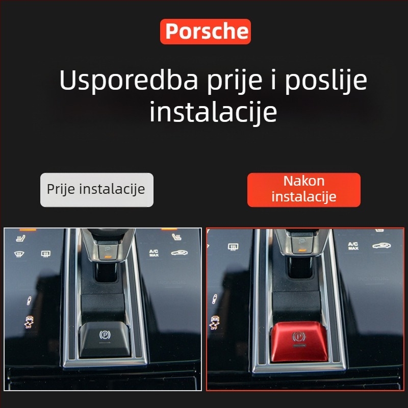 Dekorativna naljepnica za gumb elektroničke ručne kočnice za Porsche Cayenne i Panamera — prozirne naljepnice za tipke od aluminijske legure, ispisano logo, mogućnost prilagodbe
