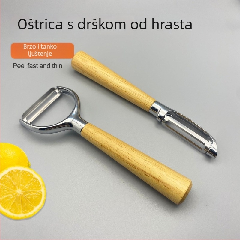 Višenamjenski guljač od cinkovog legura s drškom od hrasta — guljenje voća i povrća, skraper, guljač dinje; otisak logotipa; prilagodba dostupna