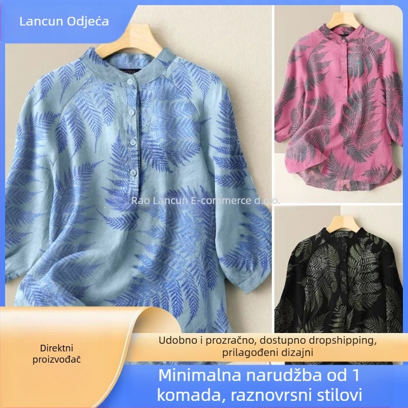 Ležerna polo majica s otiskom listova, dulji rukav, polo ovratnik, digitalna grafika, poliester