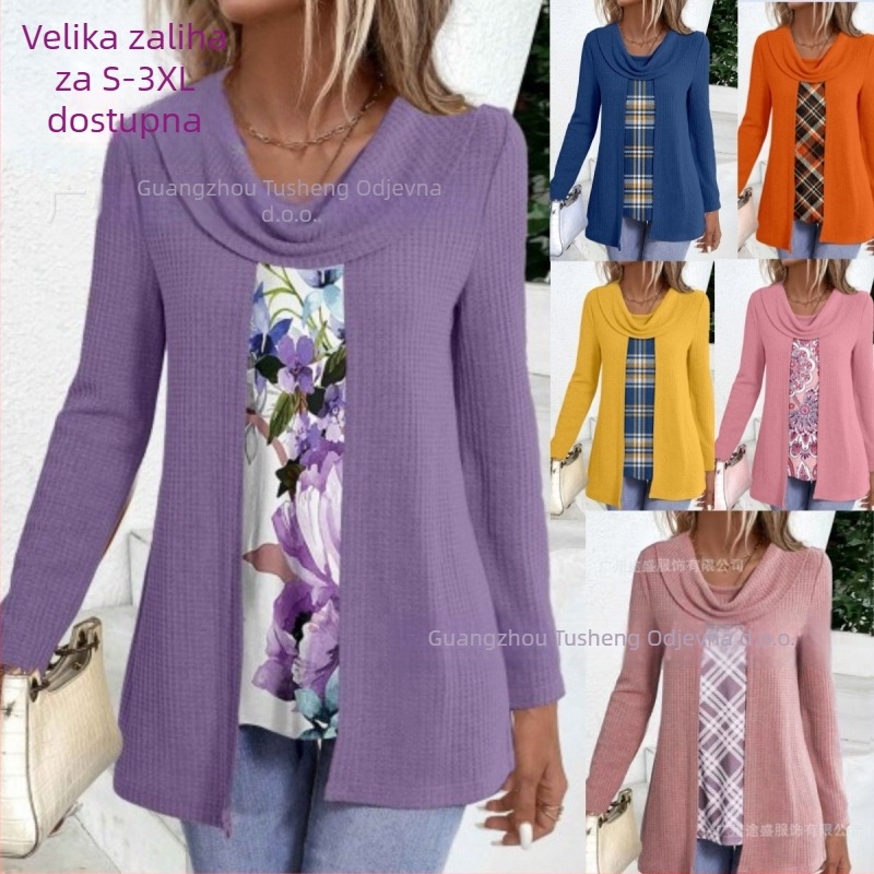 Košula s lažnim dvodijelnim kompletom, dugi rukavi, pile ovratnik, prugasto-karirani poliester, pulover stil