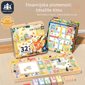 Drvena sve-u-jednom stolna igra: Ludo, Gomoku, Monopoly i još – zbirka igara za djecu