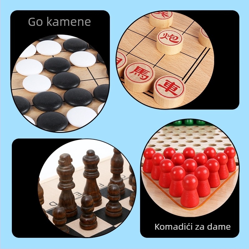 Drvena višefunkcionalna ploča za Go, šah, dama i Gomoku s figuricama, pakirana u šarenu kutiju