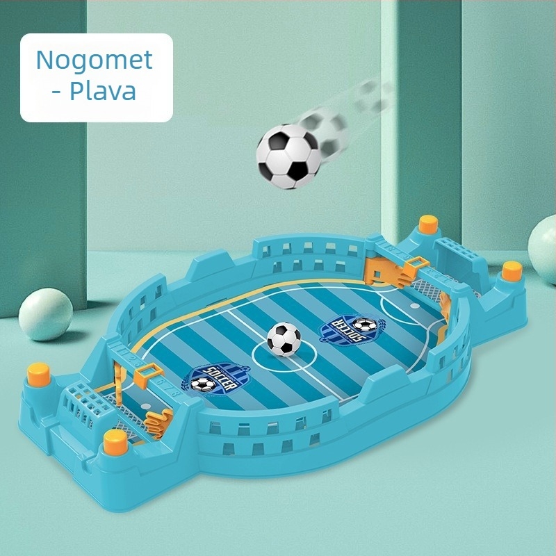 Dječja stolna nogometna igra za dva igrača — interaktivna stolna igra od plastike; klasifikacija: stolni nogomet; mehanički princip; pakiranje: šarena kutija; pogodno za djecu 4–14.