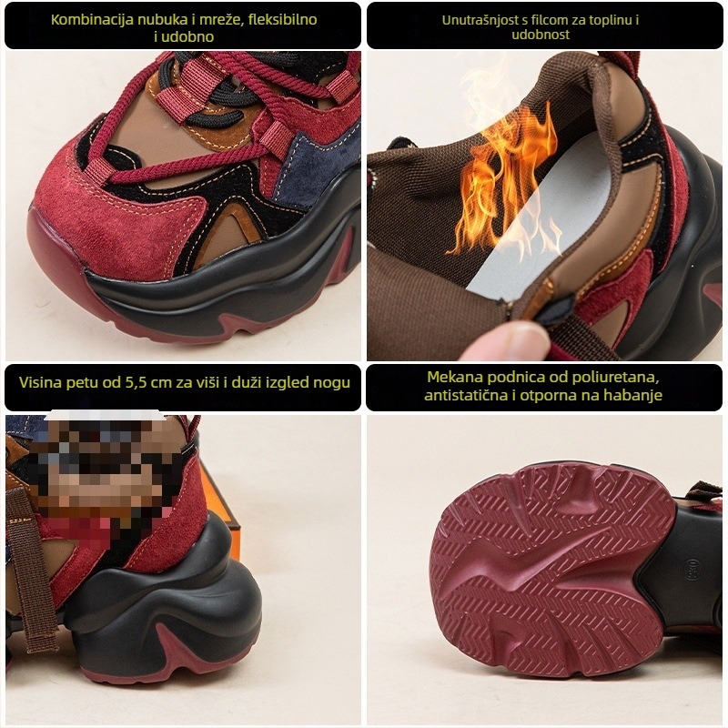 Ženske tenisice od prave kože, stil dad sneakers, s fleksi unutrašnjom, vezivanje, klinasti pet 3–5 cm, okrugli vrh, jednobojni dizajn