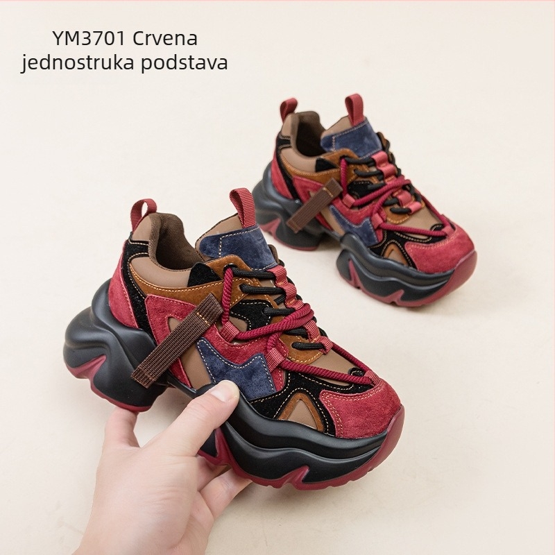 Ženske tenisice od prave kože, stil dad sneakers, s fleksi unutrašnjom, vezivanje, klinasti pet 3–5 cm, okrugli vrh, jednobojni dizajn