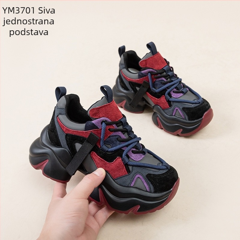 Ženske tenisice od prave kože, stil dad sneakers, s fleksi unutrašnjom, vezivanje, klinasti pet 3–5 cm, okrugli vrh, jednobojni dizajn