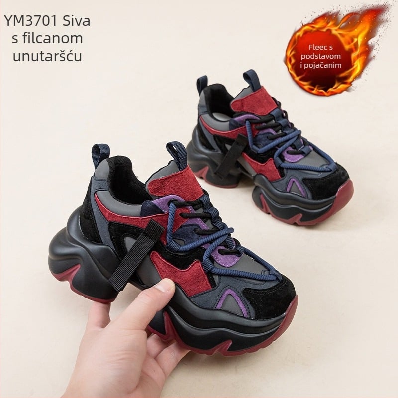 Ženske tenisice od prave kože, stil dad sneakers, s fleksi unutrašnjom, vezivanje, klinasti pet 3–5 cm, okrugli vrh, jednobojni dizajn