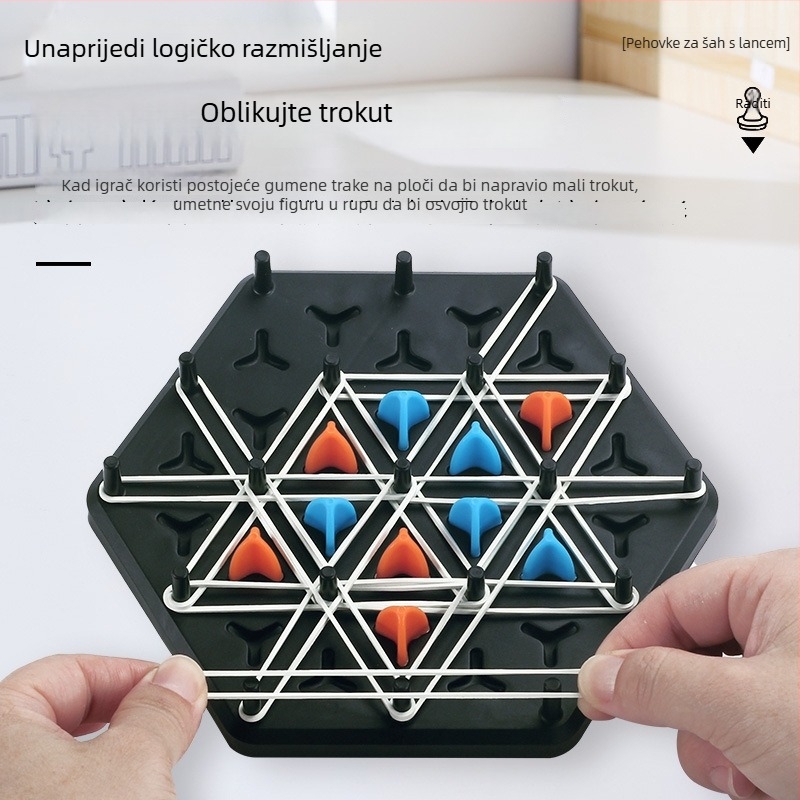 Trokutna stolna igra za roditelj-dijete interakciju — potiče logičko razmišljanje i koordinaciju ruka-oca; materijal: plastika; za dob 7–14 godina.