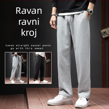 Muške casual hlače ravnog kroja, flis unutrašnjom podstavom, srednji pojas, poliester tkanina, za jesen.