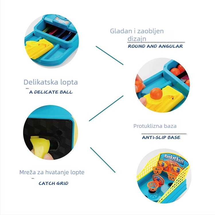 Višenamjenski stolni igraći stroj — interaktivna roditeljsko-dječja košarka ploča za učenje, potiče koordinaciju ruka-oko, kognitivni razvoj i osjetilne vještine; materijal: plastika; klasifikacija: biliardski stol; pogodno za dob 0–14 godina.