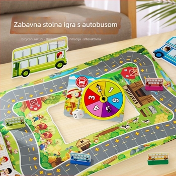 Edukativna društvena igra s temom autobusa za djecu – plastika, brend Happy again, za uzrast 4–6 godina; razvija primijetivanje, izračunavanje i socijalne vještine.