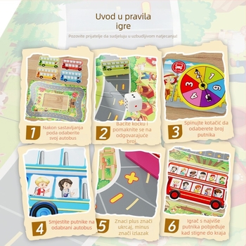 Edukativna društvena igra s temom autobusa za djecu – plastika, brend Happy again, za uzrast 4–6 godina; razvija primijetivanje, izračunavanje i socijalne vještine.