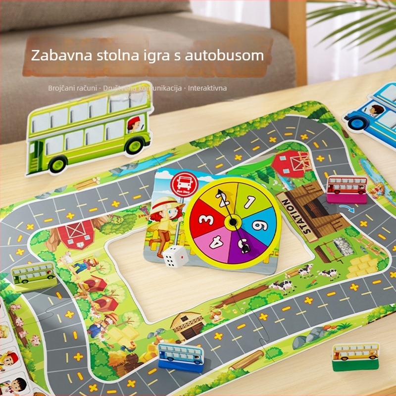 Edukativna društvena igra s temom autobusa za djecu – plastika, brend Happy again, za uzrast 4–6 godina; razvija primijetivanje, izračunavanje i socijalne vještine.