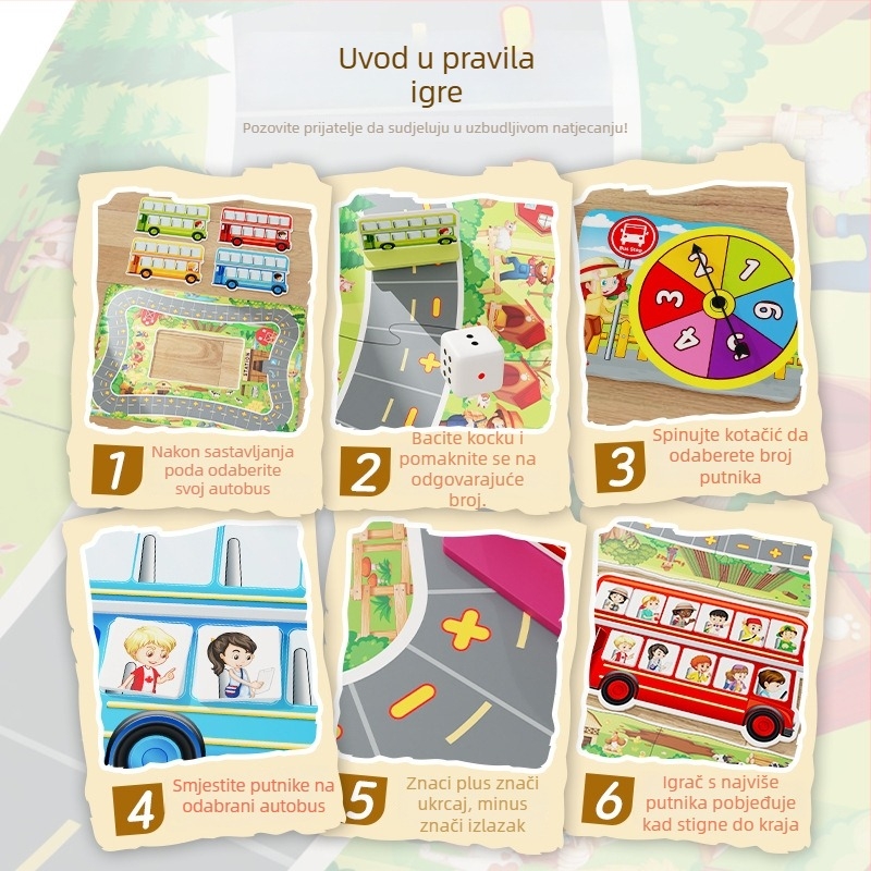 Edukativna društvena igra s temom autobusa za djecu – plastika, brend Happy again, za uzrast 4–6 godina; razvija primijetivanje, izračunavanje i socijalne vještine.