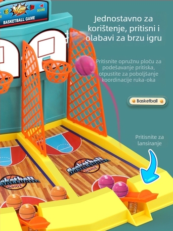 Stolna igra košarke za djecu — plastika, stil stolnog nogometa, mehanizam izbacivanja, uzrast 0–6 godina, edukativna igra