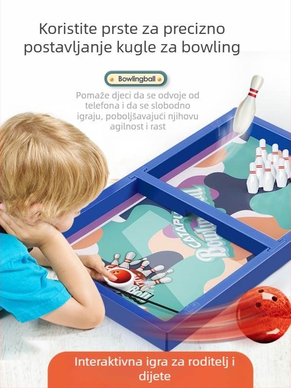 Stolna bowling igra za djecu s mehanizmom izbacivanja, plastična konstrukcija, uzrast 0-6 godina.