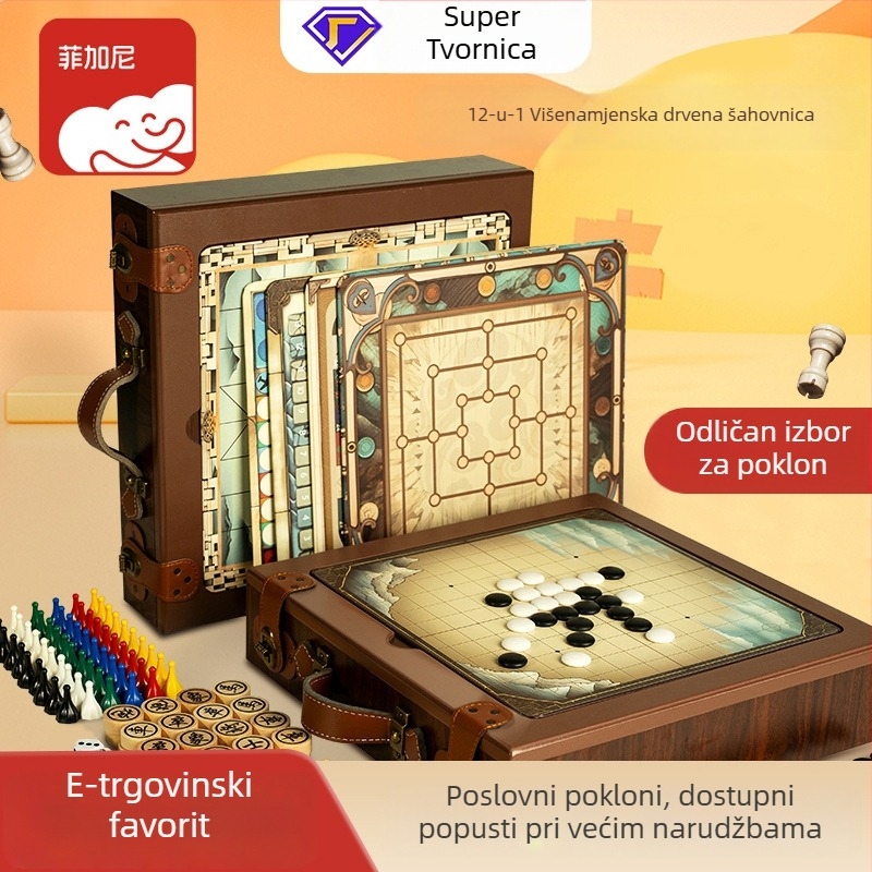 Drvena ploča 12-u-1 za dva igrača: šah, Gomoku, leteće šahovske ploče, dama — edukativna i logička zabava