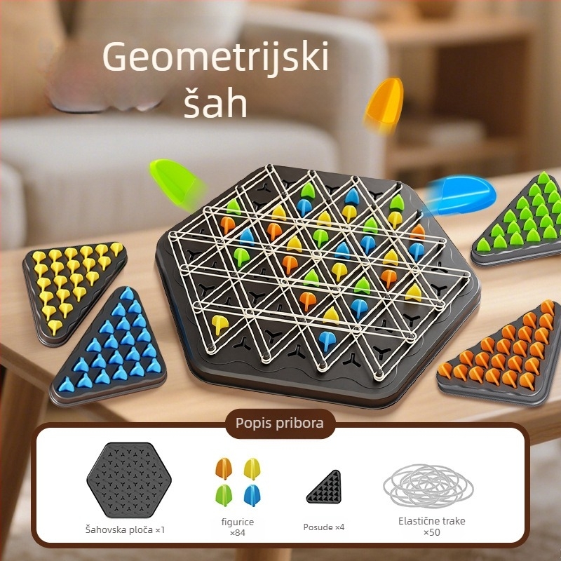 Stolna igra geometrijski lančani šah s trokutastim šahom, plastični dijelovi, vježbanje elastičnim trakama, obiteljska interaktivna igra i razvoj misli