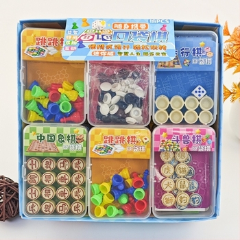 Obiteljski edukativni multigame set za druženje na stolu: mini džepno šah, letujući šah, backgammon, šah, dama i još nekoliko; plastični; za uzrast 7–14 i 15–35