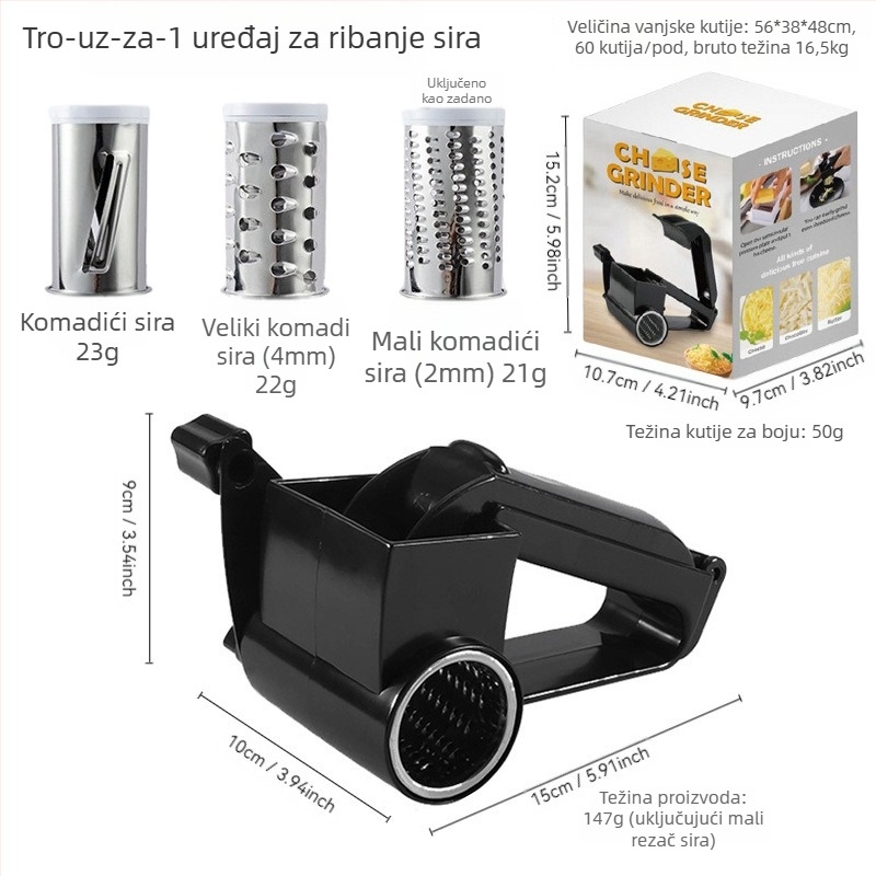 Ručni rotirajući grat za sir, višefunkcionalni 3-u-1 grat s oštrim 430 nehrđajućeg čelika i PS kućištem; moguć ispis loga, PP+ABS plastika
