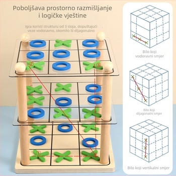 Drvena stolna igra 3D Tic-Tac-Toe za djecu i odrasle, unutarnja upotreba, pakiranje u kutiji, potiče logičko razmišljanje i ručne vještine