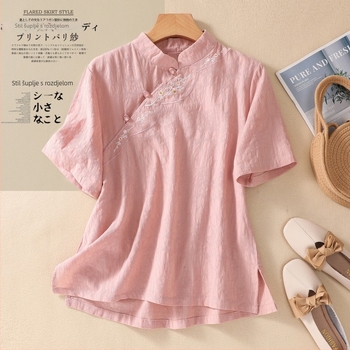 Košulja od pamuka i lana s izvezenim, kratkim rukavima, okruglim izrezom, ležernog kroja, književno-retro stil