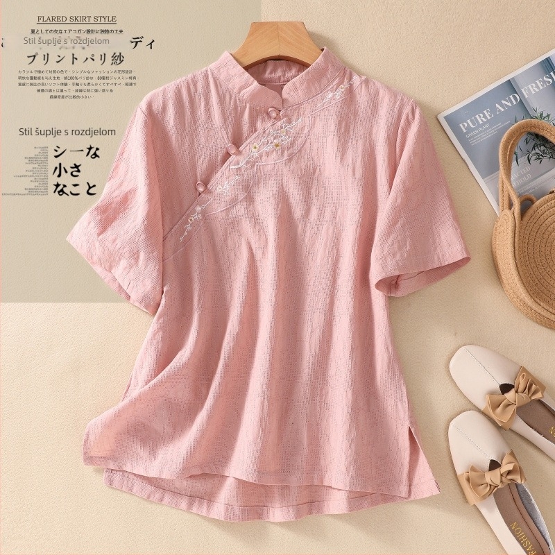 Košulja od pamuka i lana s izvezenim, kratkim rukavima, okruglim izrezom, ležernog kroja, književno-retro stil