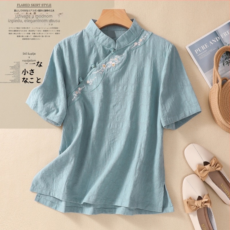 Košulja od pamuka i lana s izvezenim, kratkim rukavima, okruglim izrezom, ležernog kroja, književno-retro stil