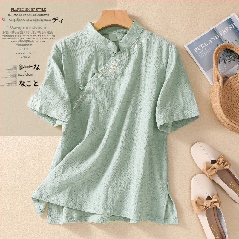 Košulja od pamuka i lana s izvezenim, kratkim rukavima, okruglim izrezom, ležernog kroja, književno-retro stil