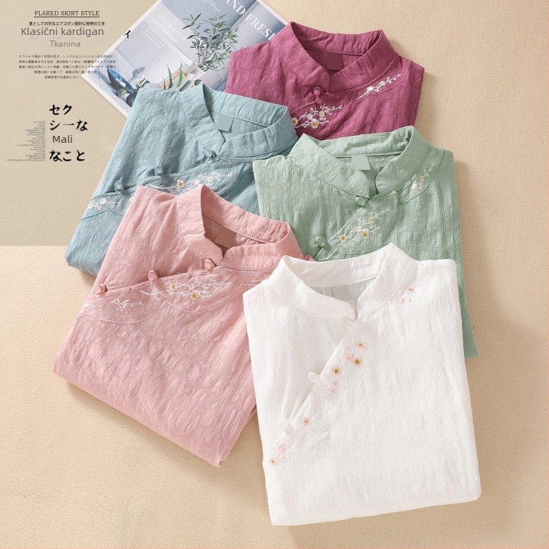 Košulja od pamuka i lana s izvezenim, kratkim rukavima, okruglim izrezom, ležernog kroja, književno-retro stil