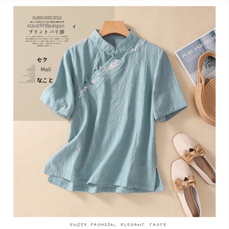 Košulja od pamuka i lana s izvezenim, kratkim rukavima, okruglim izrezom, ležernog kroja, književno-retro stil