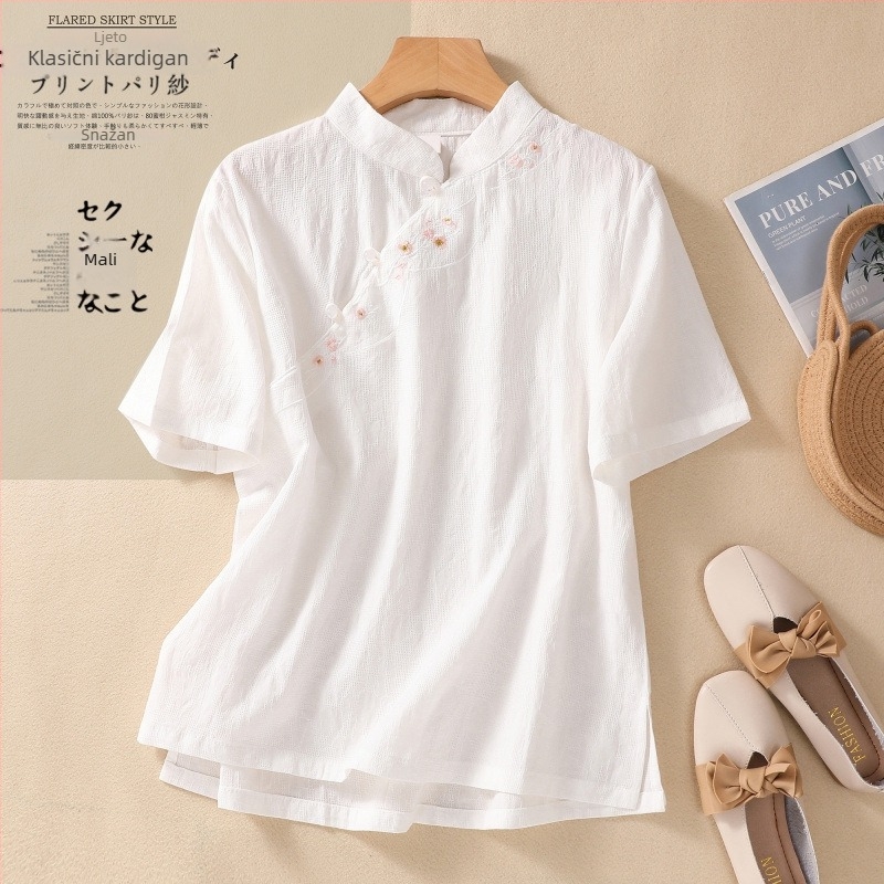 Košulja od pamuka i lana s izvezenim, kratkim rukavima, okruglim izrezom, ležernog kroja, književno-retro stil