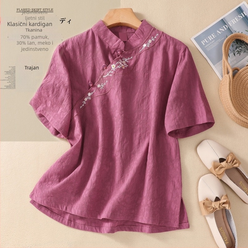 Košulja od pamuka i lana s izvezenim, kratkim rukavima, okruglim izrezom, ležernog kroja, književno-retro stil