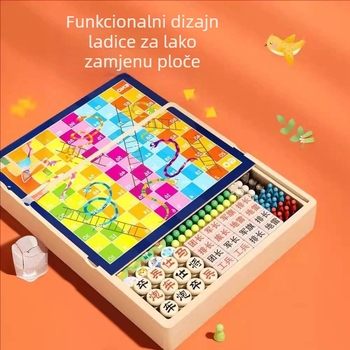 Drvena dječja ploča s ladicom – Flying Chess, Backgammon i Šah; za djecu 4–6 godina; potiče koordinaciju ruka-oko i kognitivni razvoj