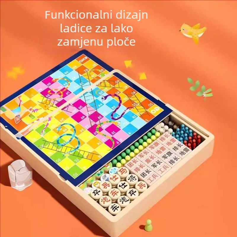 Drvena dječja ploča s ladicom – Flying Chess, Backgammon i Šah; za djecu 4–6 godina; potiče koordinaciju ruka-oko i kognitivni razvoj