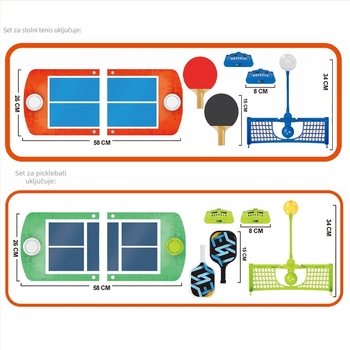 Stolna sport igra za dva: pickleball i stolni tenis, plastična konstrukcija; unutarnja i vanjska uporaba; razvija emocije, vid, inteligenciju i koordinaciju ruke i oka