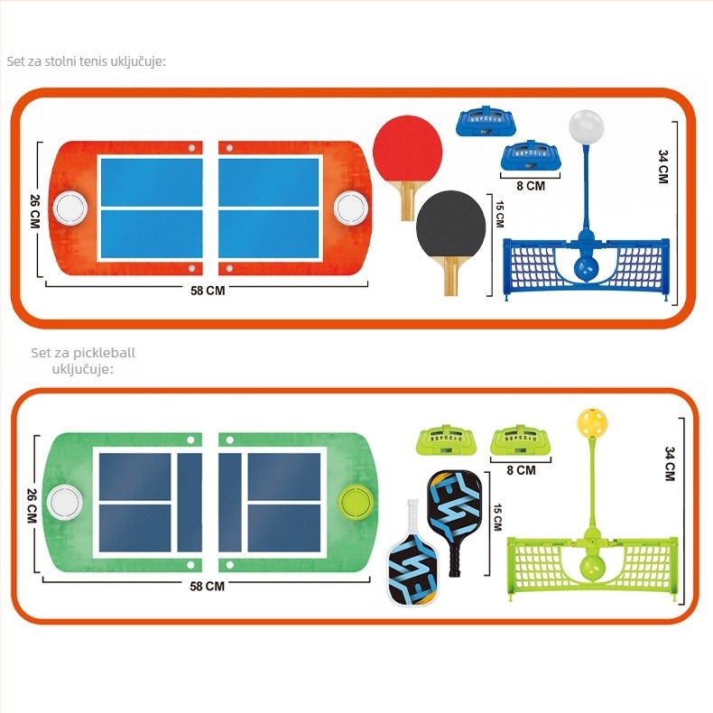 Stolna sport igra za dva: pickleball i stolni tenis, plastična konstrukcija; unutarnja i vanjska uporaba; razvija emocije, vid, inteligenciju i koordinaciju ruke i oka
